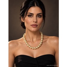 Solare Accessories Büyük Boy Cam Inci Kolye Şampanya Renk Tek Sıra Vintage Kadın Kolye