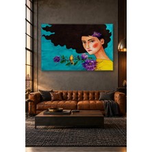 Fida Turkuaz Fonda Kuşlu ve Çiçekli Kara Saçlı Kız Canvas Tablo