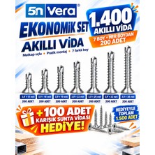 5N Vera 1400 Adet Akıllı Vida Seti 3,9 mm Yhb Yıldız Havşa Başlı Matkap Uçlu Kendinden Delici Sac Metal Vidası 7 Boy 13/16/19/22/25/32/38 mm Her Boydan 200 Adet + 100 Adet Karışık Sunta Vidası Hediye