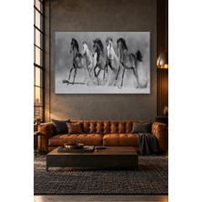Fida Siyah Beyaz Toz Içinde Koşan Beş At Canvas Tablo
