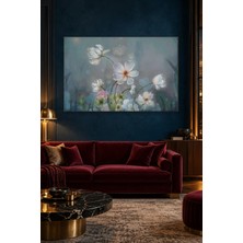 Fida Puslu Mavi Fonda Beyaz Lale ve Çiçekler Canvas Tablo