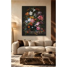 Fida Koyu Fonda Kelebekli Barok Çiçek Buketi Canvas Tablo