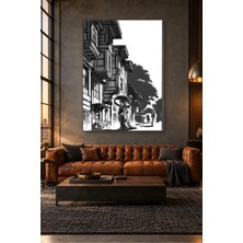 Fida Siyah Beyaz Cumbalı Evler ve Şemsiyeli Kadın Canvas Tablo