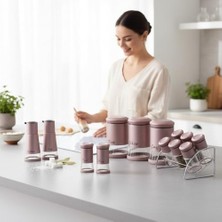 Çelik Ticaret 13 Parça Rose Çelik Kapaklı Cam Baharatlık Seti - Stantlı Çeyizlik Baharat Takımı Yağlık Sirkelik Tuzluk ve Dev Erzak Kavanozu Mutfak Düzenleyici Orga