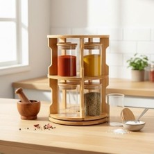 Çelik Ticaret Doğal Bambu 360° Döner Standlı 10'lu Cam Baharatlık Seti - Büyük Boy (250 Ml) Ahşap Kapaklı Baharat Takımı