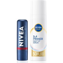 Çelik Ticaret Sun SPF50 Güneş Koruyucu Primer Nemlendirici Makyaj BAZI30ML ve Kırmızı Renk Nemlendirici Dudak Krem