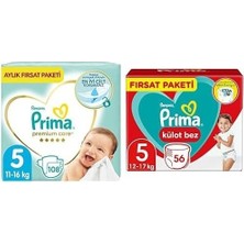 Çelik Ticaret Bebek Bezi Premium Care 5 Beden 108 Adet Junior Aylık Fırsat Paketi & Külot Bebek Bezi 5 Numara 56'lı 12-17 kg Fırsat Paketi