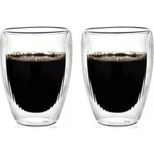 Çelik Ticaret Çift Cidarlı Çizgili Cam, Kahve,, Ekspresso, Meşrubat, Su Bardağı, 300 Ml, Cam Bardak, 1 Adet - 12322