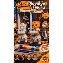 Genç 3D Kedi Şövalye Figürü ve 6 Renk Akrilik Boya Ile 2 Fırça Seti Hobi ve Süsleme Takımı