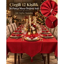Bade Çizgili 12 Kişilik 26 Parça Masa Örtüsü Seti – Kırmızı