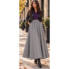 Seldağ Moda Gri Renk Siyah Çizgili Ekose Desen 90 cm Boy Gizli Cepli Beli Lastikli Tam Kloş Etek