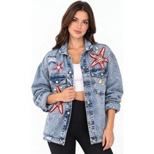 İnci Türkay Inci Türkay Kadın Tasarım Denim Ceket Deniz Yıldızı Temalı Midye Taş Inci Boncuk Işleme Detaylı Mavi Oversize Kalıp Bomber Mont Limitli Üretim