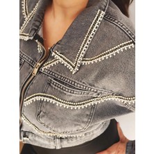 İnci Türkay Inci Türkay Kadın Tasarım Denim Ceket Taş ve Zincir Işleme Detaylı Gri Antresit Crop Kalıp Kot Mont