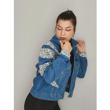 İnci Türkay Inci Türkay Kadın Tasarım Denim Ceket Mavi Relaxed Taş Işleme Detaylı Kot Mont