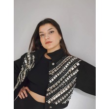İnci Türkay Inci Türkay Kadın Tasarım Denim Ceket Taş Işleme Detaylı Siyah Oversize Kot Mont
