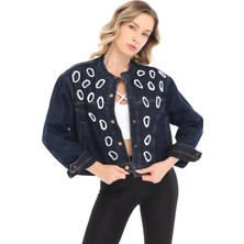 İnci Türkay Inci Türkay Kadın Tasarım Denim Ceket Aksesuar El Nakış Detaylı Astarlı Koyu Mavi Oversize Kalıp Bomber Mont