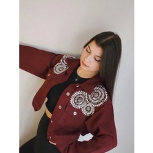 İnci Türkay Inci Türkay Kadın Tasarım Denim Ceket Bordo Slim Taş Işleme Detaylı Kot Mont