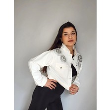 İnci Türkay Inci Türkay Kadın Tasarım Denim Ceket Beyaz Slim Taş Işleme Detaylı Kot Mont