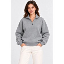 Milares Kadın Üç Iplik Içi Şardonlu Dik Yaka Yarım Fermuarlı Kışlık Sweatshirt - Gri