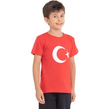 Redbug Kids Çocuk Kız Çocuk Kırmızı Önü Türk Bayrağı  Baskılı Bisiklet Yaka  Pamuklu T-Shirt