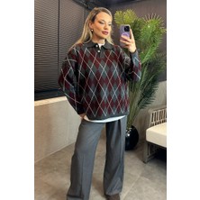 Mir Store Bordo Polo Yaka Baklava Desenli Kazak