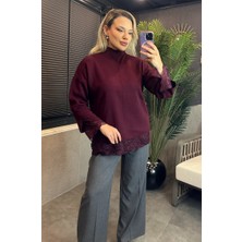 Mir Store Bordo Dantel Detaylı Dik Yaka Triko Kazak