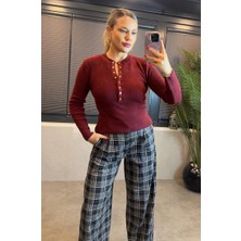 Mir Store Bordo Bisiklet Yaka Çıt Çıt Düğmeli Triko Kazak
