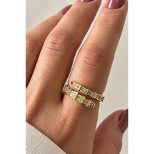 Kokoş Yüzük Yılan Tasarım Zirkon Taşlı Çelik Ayarlanabilir Gold Renk
