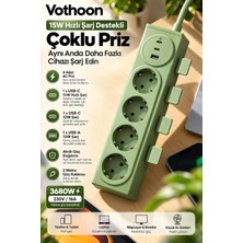 Vothoon 4'lü Akıllı Priz Tek Dokunuşla Fiş Çıkarma 2 Metre Kablo 2 Type-C + USB 15W Hızlı �
