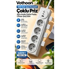 Vothoon 4'lü Akıllı Priz Tek Dokunuşla Fiş Çıkarma 2 Metre Kablo 2 Type-C + USB 15W Hızlı �