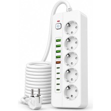 Isıya Dayanıklı Power Tuşlu 5'li Grup Priz 5xusb 5x Type-C Çıkışlı Priz 2 mt Kablolu
