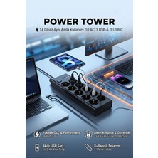 10'lu Akıllı Güç Koruma Grup Priz, 3x Usb-A 1x Usb-C, 3680W, 2 Metre Kablo, Siyah