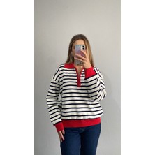 Nice Boutique Polo Yaka Fermuarlı Çizgili Yumoş Dokulu Kazak