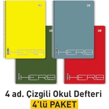 A4 Okul Defteri 144 Sayfa (72 Yaprak) Spiralli, (4'lü Paket) Çizgili