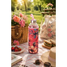 Tohana H2O Kılıflı Cam Matara 750 ml - Fiyonklu/kirazlı/çiçekli/çizgili/limonlu/kalpli Tasarım Spor ve Okul Su Matarası