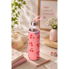 Tohana H2O Kılıflı Cam Matara 750 ml - Fiyonklu/kirazlı/çiçekli/çizgili/limonlu/kalpli Tasarım Spor ve Okul Su Matarası