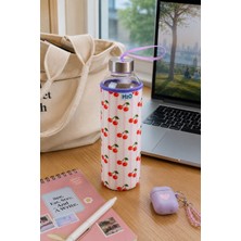 Tohana H2O Kılıflı Cam Matara 750 ml - Fiyonklu/kirazlı/çiçekli/çizgili/limonlu/kalpli Tasarım Spor ve Okul Su Matarası