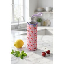 Tohana H2O Kılıflı Cam Matara 750 ml - Fiyonklu/kirazlı/çiçekli/çizgili/limonlu/kalpli Tasarım Spor ve Okul Su Matarası