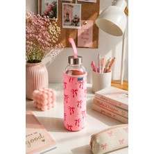 Tohana H2O Kılıflı Cam Matara 750 ml - Fiyonklu/kirazlı/çiçekli/çizgili/limonlu/kalpli Tasarım Spor ve Okul Su Matarası