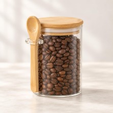 Bambu Kaşıklı Cam Kavanoz 400 Ml, Bambu Kapaklı Borosilikat Baharatlık, Hava Almaz Kahve, Şeke