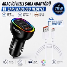 3 Portlu Araç Şarj Aleti ve 6A 120W Usba To Type-C Hızlı Data ve Şarj Kablosu Beyaz Hediye
