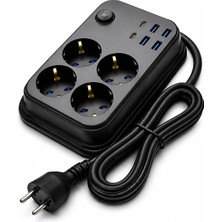 Termal Akım Korumalı Uzatma Kablosu 4 Priz 4 USB 2 Type-C 2500W 10A Çocuk Korumalı Kısa Devre K
