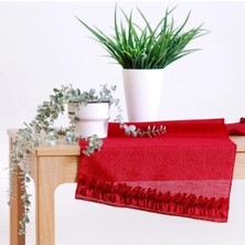 Simli Keten Runner Kırmızı Fırfırlı 45X150