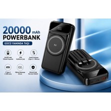 20000 Mah Hızlı Şarj Powerbank, 15W Kablosuz Şarj, Dahili Kablolu, Dijital Ekranlı, Siyah