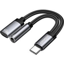 60W Şarj 2in1 Type-C To Aux Dönüştürücü Çevirici Hızlı Şarj +3.5mm Kulaklık Çıkışı,