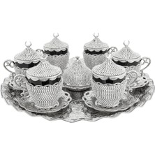 Türk Kahvesi Fincan Seti, Kristal Lokumluk, 6'li Espresso Fincan ve Tabak Takımı (Gümüş Siyah)