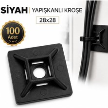 [100 Adet] Yapışkanlı Kroşe Siyah 28X28 mm Kablo Bağı Tutucu Sabitleme Klipsi Balon Süs Askı