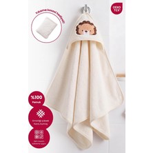 Kapüşonlu Bebek Banyo HAVLUSU%100 Pamuk Bebek Havlu Oeko-Tex® Havlu Kundak - Ekru Aslan, 75 x 75