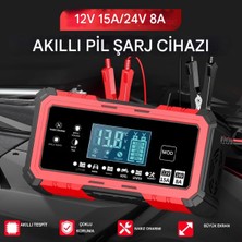 Akıllı Akü Şarj Cihazı, 12V 15A/24V 8A, LCD Ekranlı, Yaz Kış Modlu, Akü Onarım Cihazı
