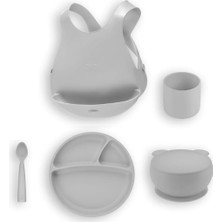 Tr Silikon Beslenme Seti 5'li, Powder Grey, Mama Önlüğü, Porsiyon Tabak, Kapaklı Kase, Mini Bar